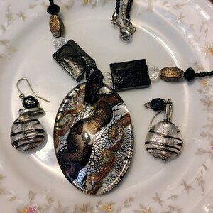 Handmade BOHO Earth Colors Large Blown Glass Pendant Beaded Necklace & Earrings